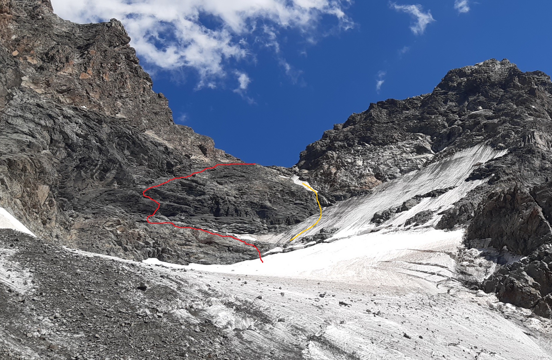 Fuorcla_Prievlusa_3426m.,_červená_ferrata,_žltá_pôvodný_smer_výstupu